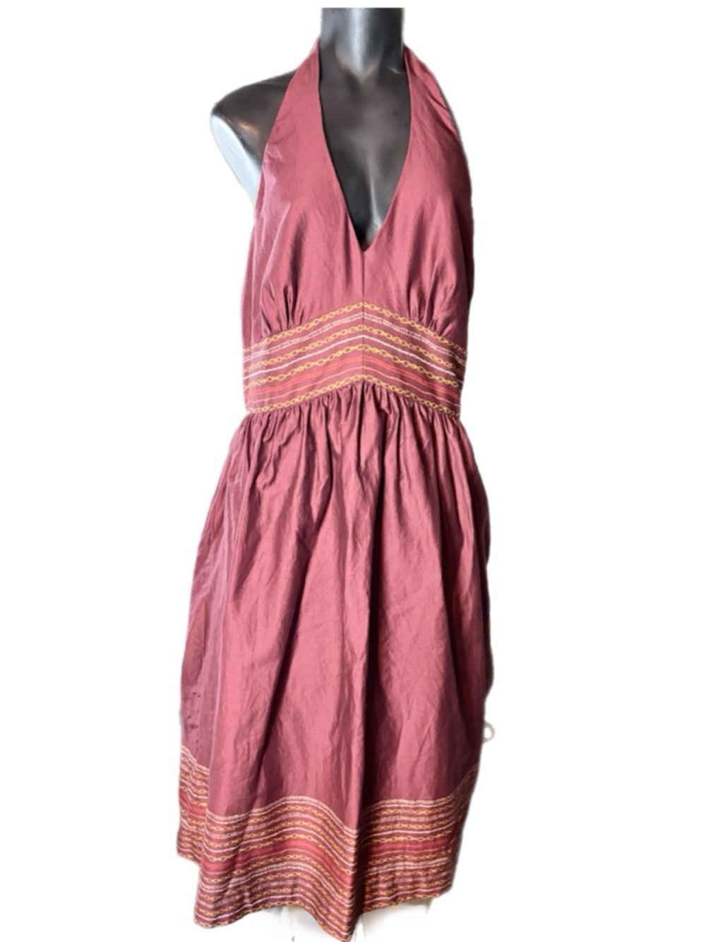 Liz Claiborne Lined Rose Halter Dress with Embroidered Waist